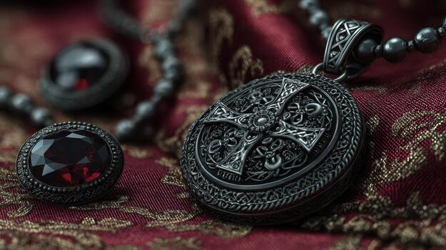 Intricate black cross pendant and matching gemstone on deep red fabric showcasing detailed craftsmanship photo