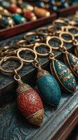 Colorful handmade keychains displayed in a market stall showcasing intricate designs and craftsmanship photo