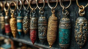 Decorative metal pendants displayed on a rack in a marketplace during a vibrant afternoon photo