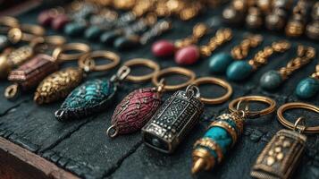Handmade jewelry displayed on a dark wooden surface showcasing intricate designs and vibrant colors photo