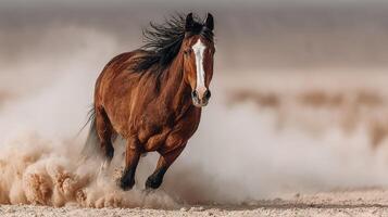 Horse galloping swiftly through sandy terrain, creating a dust cloud in a wide open field during daylight hours photo