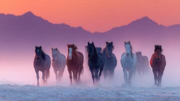 Majestic horses gallop through misty landscape at sunset in a tranquil setting photo