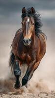 Majestic horse galloping through sandy terrain with flowing mane under dramatic sky photo