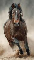 Powerful black horse galloping through dusty terrain in a dramatic display of strength and speed photo