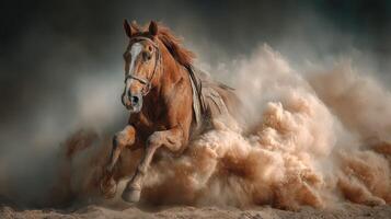 Horse galloping through dust on a sunny day at a ranch in the countryside near golden hour photo