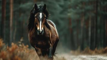 Majestic horse gallops through a misty forest path at dawn, showcasing the beauty of nature and wild spirit photo