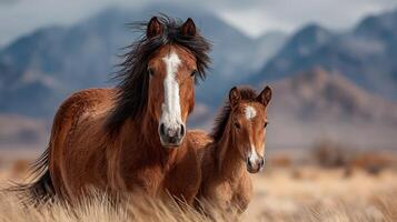 Wild horses stand together in a picturesque landscape during late afternoon light in an open field photo