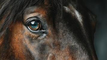 Captivating close-up view of a horse's eye showcasing its intricate details and striking blue color photo