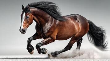 Majestic brown horse runs freely on sand under bright light while kicking up dust in an artistic setting photo