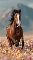 Brown horse gallops through colorful wildflowers against a majestic mountain backdrop during a sunny afternoon photo