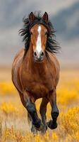 Majestic brown horse galloping gracefully through vibrant yellow wildflowers on a sunny day in open field photo