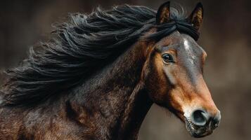 Majestic horse with flowing mane captured in soft light in an outdoor setting photo