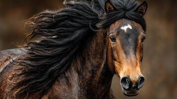 Majestic horse with flowing mane standing proud in a natural setting during golden hour photo