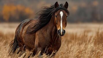 Majestic brown horse running freely in tall golden grass during autumn twilight in a serene landscape photo