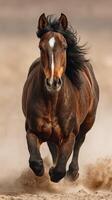 Majestic horse galloping across sandy terrain with flowing mane in midday light photo