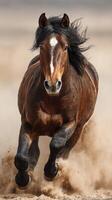 Majestic horse galloping through sandy terrain under bright sunlight in open landscape photo
