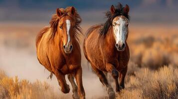 Wild horses galloping across the open plains during golden hour in a stunning natural landscape photo