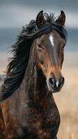 Majestic brown horse with flowing mane standing in an open field under moody skies during golden hour photo