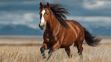 Brown horse gallops through golden grassland under a dramatic sky during a sunny afternoon photo