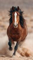 Horse galloping swiftly through sandy terrain during warm day in a natural landscape photo