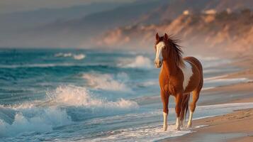 Horse walks along the beach at sunset, creating a serene coastal atmosphere with gentle waves crashing in the background photo