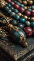 Intricate handmade jewelry displayed on an ornate surface during a creative market in a vibrant, cultural setting photo