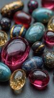 Colorful decorative stones arranged elegantly on a dark surface create a striking visual display photo