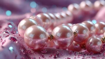Elegant pink pearl necklace resting on soft fabric with sparkling accents in a serene setting photo