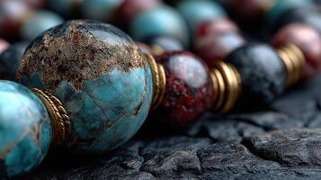 Colorful artisan jewelry created from unique stones displayed on a textured surface photo