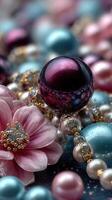 Exquisite arrangement of pearls and floral accents displayed with vibrant colors and intricate details photo