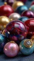 Colorful decorative ornaments arranged artistically on a textured surface during festive preparations in a cozy setting photo