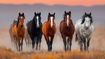 Horses walking through a golden field during sunset in the countryside photo