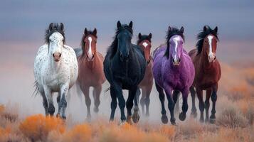 Herd of running horses in a desert landscape at dusk creating a vivid and dynamic atmosphere photo