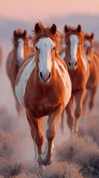 manada de caballos corriendo mediante brumoso paisaje a amanecer con suave luz de sol esclarecedor su abrigos foto
