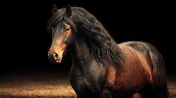 Majestic horse with flowing mane standing powerfully in low light environment photo