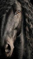 Close-up of a majestic black horse with curly mane gazing confidently at the viewer in soft lighting photo