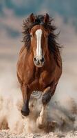 Running horse gallops swiftly across sandy terrain under a dramatic sky at sunset photo