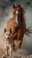 Brown horse and dog running together through sandy terrain on a sunny day photo