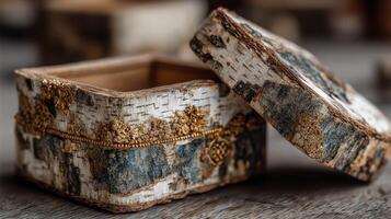 Decorative wooden box with natural textures on a rustic wooden table, showcasing artisan craftsmanship and unique design features photo