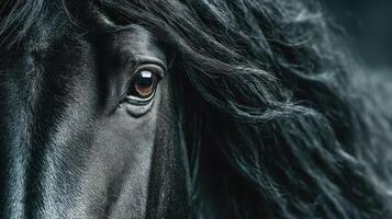 Close-up of a majestic black horse showcasing its flowing mane and expressive eye in natural light photo