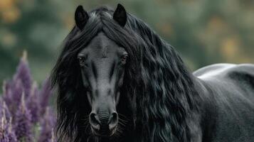 Majestic black horse with flowing mane surrounded by vibrant purple flowers in a peaceful natural setting photo