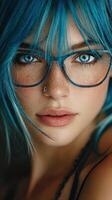 Young woman with blue hair and glasses posing with confidence in a close-up portrait, showcasing her striking features and unique style photo