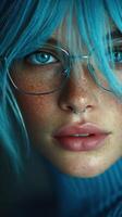 Close-up of a young person with blue hair and glasses showcasing expressive freckles photo