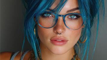 Young woman with vibrant blue hair and glasses posing confidently in a stylish indoor setting during the evening photo