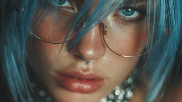 Young person with blue hair and glasses showcasing unique fashion accessories in an intimate setting photo