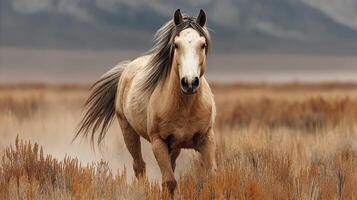 Horse galloping through golden grasslands under a clear sky in an open landscape during daylight photo