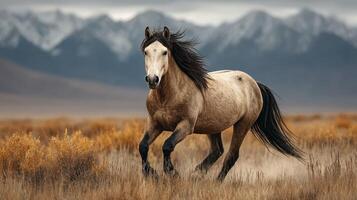 Majestic horse galloping freely across the plains with mountain backdrop during early morning light photo