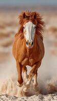 Brown horse galloping across sandy landscape during golden hour photo