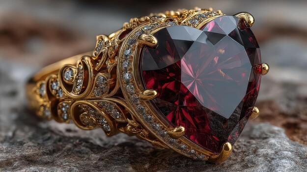Intricate gold ring featuring a large heart-shaped red gemstone and delicate detailing displayed on a textured surface photo