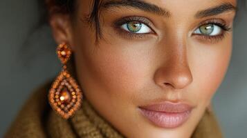 Portrait of a woman showcasing striking features and elegant jewelry in a soft light environment photo